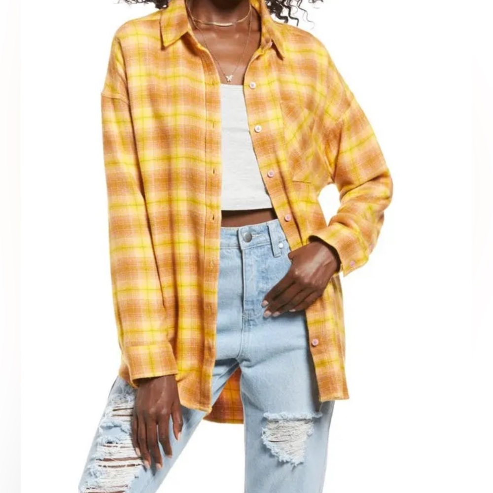 BP Women’s Long Sleeve Button Up Shirt Med Boyfriend Plaid Yellow Oversized